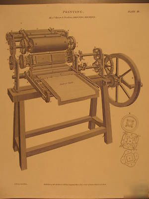 Original engraving of unusual printing press, 1819